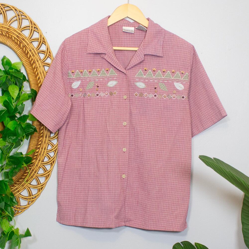 Vtg Embroidered Pink Check Applique Wood Button Cottagecore Top L | Soft Autumn